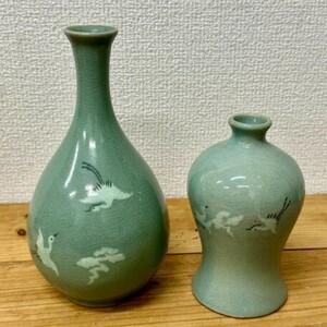 木箱入り青磁器 花器 花瓶 壺 ２個セット！生花 一輪挿し 日光東照宮　鶴首