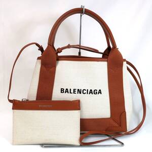 BALENCIAGA バレンシガ NAVY CABAS ネイビーカバス ＸＳ 390346 2WAY ハンドバッグ キャメル ブラウン ロゴプリント キャンバス