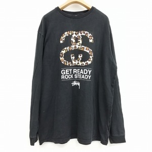 ステューシー STUSSY ロンT GET READY ROCK STEADY ロゴ Tシャツ カットソー 長袖 クルーネック レオパード ヒョウ柄 コットン XL ブラック