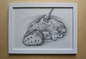 絵画・鉛筆画・静物画・パスタの絵　真作「バケットとキノコのパスタ P-5」九利多 祐志 作 　A4サイズ ※額縁無し。