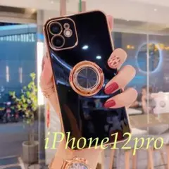 ブラックiPhone12pro用スマホケースリング付きカメラカバー一体韓国耐衝撃