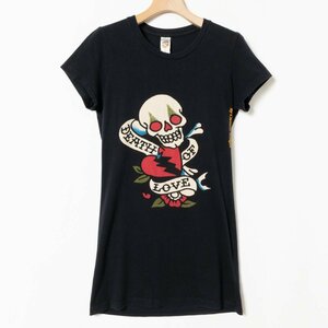 メール便◯ Ed Hardy エドハーディー ロングTシャツ チュニック丈 ブラック 黒 Mサイズ コットン カジュアル 半袖 ドクロ バックプリント