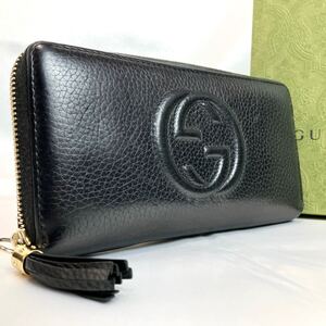 【美品】GUCCI グッチ ソーホー インターロッキング GG 長財布 ラウンドファスナー エンボス レザー 本革 タッセル メンズ ブラック 黒