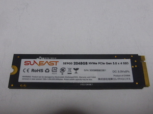 SUNEAST SSD NVMe Type2280 Gen 3.0x4 2048GB(2TB) 電源投入回数104回 使用時間9980時間 正常97% SE900NVG3 中古品です