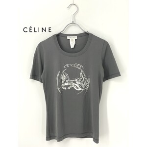 A8353/美品 春夏 CELINE セリーヌ コットン Uネック ビッグ デカロゴ プリント 半袖 Tシャツ カットソー S 灰色/レディース トップス