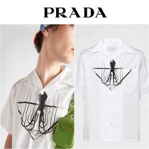 新品 定価14.6万 2022ss PRADA プラダ タトゥー ボーリングシャツ xs 半袖 ホワイト マーメイド ロゴ ニット tシャツ 白 バッグ ナイロン