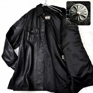 【L】本革 レザージャケット コート ブルゾン シャツ 十字架メタルボタン ロック メンズ 黒 ブラック
