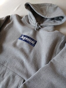 【М】新品 SUPREME 19aw Bandana Box Logo Hooded Sweatshirt シュプリーム バンダナボックスロゴ グレー