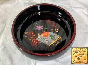 レトロ 当時物 木紋刳貫き 金彩蒔絵 扇子にクレマチス花紋 松風 菓子鉢/菓子器 茶事 茶道具 箱無 used 未使用 経年保管品 会津塗/輪島塗 