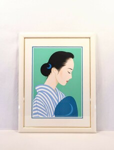 真作 鶴田一郎 シルクスクリーン「浴衣の人」画寸38×55cm ノエビアCM 平安貴族の様な高貴で誇り高い女性の美しさ 透き通る繊細な描写 8696