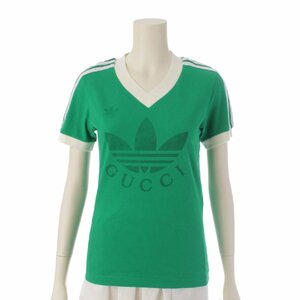 【グッチ】Gucci　22SS アディダス トレフォイルロゴ Vネック Tシャツ 693636 グリーン XS 【中古】187004