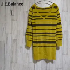 ★J.E.Balance★ ロング丈 Vネックニットセーター ボーダー