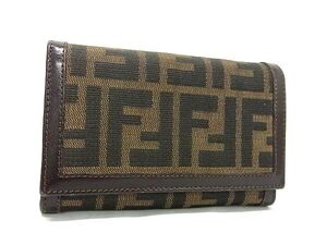 1円 ■美品■ FENDI フェンディ ズッカ柄 キャンバス×レザー 二つ折り 財布 ウォレット 札入れ 小銭入れ レディース ブラウン系 FL1721