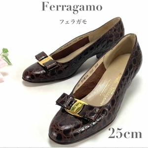 Ferragamo フェラガモ ヴァラ リボン 型押し クロコ パンプス ブラウン ゴールド金具 イタリア製 レディース 25cm 