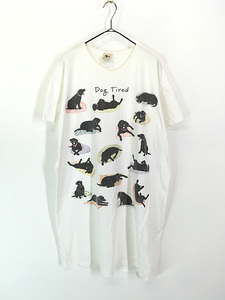 レディース 古着 90s Hatley 犬 わんちゃん アニマル 「Dog Tired」 プリント Tシャツ ワンピース ひざ丈 XL位 古着