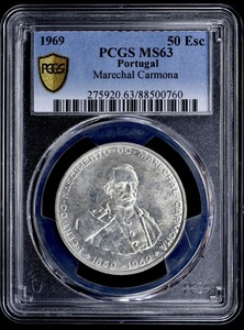 ★土終 【PCGS MS63 P社準最高鑑定】1969 ポルトガル 50ESC銀貨 カルモナ元帥 未使用 //世界コイン 古銭 貨幣 硬貨【決済期限火曜日】