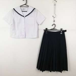 1円 セーラー服 スカート 上下2点セット M 夏物 青1本線 女子 学生服 中学 高校 白 制服 中古 ランクC EY9820