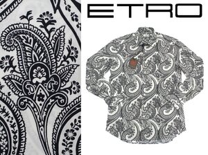 9万新品◆44=XXL◆【ETRO】エトロ イタリア製 デペイズリー柄コットン長袖シャツモノクロコーデ白×黒 1円