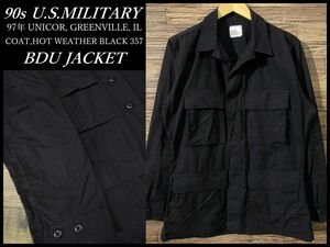 送無 美品 90s オールド 米軍実物 U.S. MILITARY 97年製 UNICOR, GREENVILLE, IL BLACK357 ミリタリー リップストップ BDU ジャケット 黒