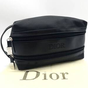 新品未使用 ディオール Dior メンズ レディース セカンドバッグ クラッチバッグ ポーチ ダブルファスナー 型押しロゴ レザー 黒 ブラック