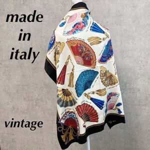 大判スカーフ イタリア製　扇子柄　扇子　上質　上品　和柄　ヴィンテージ　vintage 扇　タペストリー　JAPAN