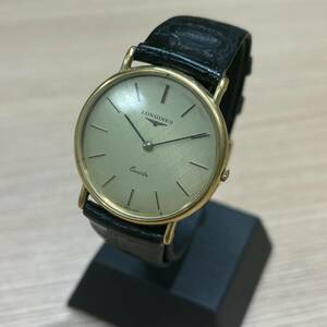 【N-0618.3-1】1円スタート LONGINES メンズ クォーツ レザーベルト 電池無 ゴールドカラー 動作未確認 中古品 保管品