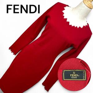 【レア品希少/極美品】FENDI フェンディ ニットワンピース 赤 USA6 Mサイズ イタリア製 ギザギザネック レディース レッド