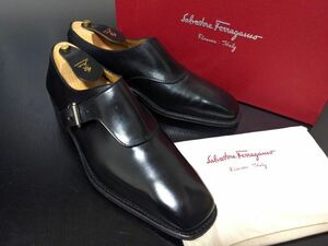 極美品 使用僅か フェラガモ 6.5EE Ferragamo 最上位ライン トラメッザ シングルモンク ドレスシューズ 黒 箱付 8697