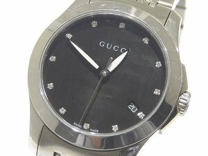 美品 グッチ 126.5 レディース クォーツ 時計 Gタイムレス 12Pダイヤ ☆ ブラックシェル 文字盤 シルバーSS ▼ GUCCI デイト 5I6C