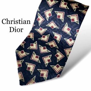 Christian Dior クリスチャンディオール 幾何学柄 シルク100％ ネクタイ 米国製生地使用 ヴィンテージ ジオメトリック ネイビー エンジ