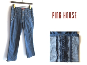 PINK HOUSE ピンクハウス 裾裏レース ロゴピスネーム 二段ベルトループ ストレッチデニムパンツ M インディゴ KANEKO ISAO カネコイサオ