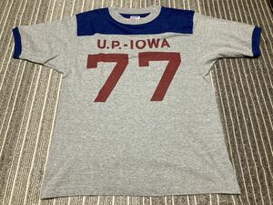 日本製 WAREHOUSE ウエアハウス 染み込みプリント フットボール Tシャツ U.P.-IOWA 77 アメリカ ビンテージ スタイル 丸胴 リンガーTシャツ
