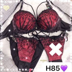 H85LL★フローラルクロス レッド★ブラジャー&ショーツセット★クロスコード ストリング 紐 花柄 刺繍 Hカップ アンダー85 新品 下着★みゆ