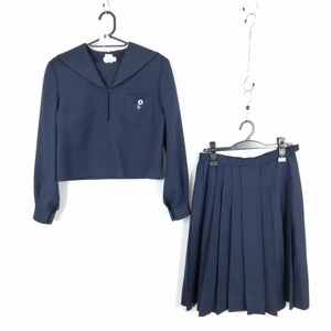 1円 セーラー服 スカート 上下2点セット ELLE 冬物 青2本線 女子 学生服 東京田園調布学園中等部高等部 紺 制服 中古 ランクC EY9652