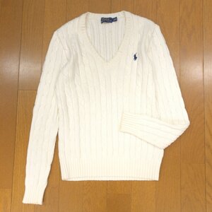 POLO RALPH LAUREN ポロ ラルフローレン ポニー刺繍 コットン100% Ｖネック ケーブル ニット セーター XS 白 ホワイト 長袖 レディース