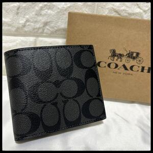 【 新品 】COACH 黒 ブラック シグネチャー レザー F75006 財布 二つ折り財布　折り財布　メンズ　レディース　プレゼント 男性