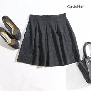 美品 カルバンクライン CALVIN KLEIN 秋 冬 シンプル ロゴプレート 膝上丈 Aライン フレア ニットスカート XS ミックス グレー ブラック 黒