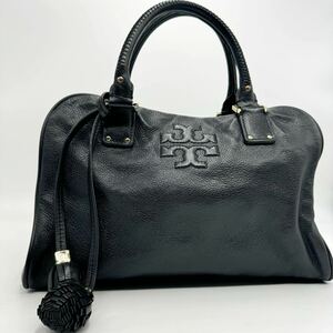 1円 【美品】 TORY BURCH トリーバーチ ハンドバッグ フリンジ タッセル エンボスロゴ トートバッグ レザー 黒 ブラック 