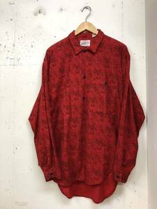 90s BON HOMME USA製 ペイズリー柄　プリントネルシャツ　L 赤黒　長袖　花柄 ビンテージ　総柄 