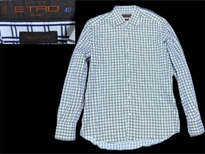 イタリア製 ETRO エトロ 上質 コットン チェック柄 長袖 シャツ メンズ 大きいサイズ 40 (L) 白地 総柄 グレー