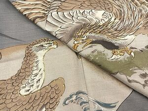 平和屋着物■男性　長襦袢　袷　手描き　鷹に鳶　金彩　逸品　BAAK0882hv