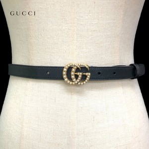 【IT7MNR7888H0】美品 GUCCI グッチ 476342 ベルト レザー パール ダブルG レディース