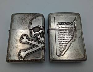 S50□【火花確認済み】オイルライター 2点まとめ ZIPPO ジッポ サイド スカル ドクロ / ロゴ シルバー系カラー 喫煙グッズ 喫煙具 現状品