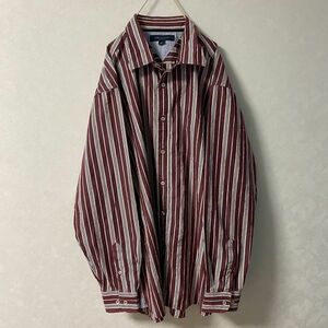 【一点物!】(No.1519)トミーフィルフィガー長袖シャツ(サイズ：XL)美品赤茶色、白ストライプ