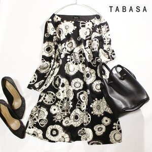 美品 TABASA paris タバサ 春 夏 総柄 ストレッチ ジャージ― プルオーバー ワンピース 小さいサイズ34 ブラック 黒 ホワイト 白 グレー