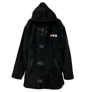 (志木)ヴィンテージ 90s FILA/フィラ スエードレザー フード付コート ジャケット 袖コーデュロイ 中綿 XL 黒 バッグロゴ 切替デザイン 