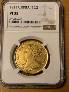 1711年 イギリス アン女王 2ギニー金貨 VF35 英国 希少 NGC PCGS 鑑定済み 高評価 アンティークコイン