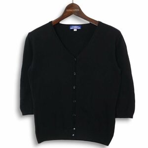 BURBERRY BLUE LABEL バーバリー ブルーレーベル 春夏 コットン ニット 7分袖 Vネック カーディガン Sz.M　レディース 黒　E4T01898_8#M