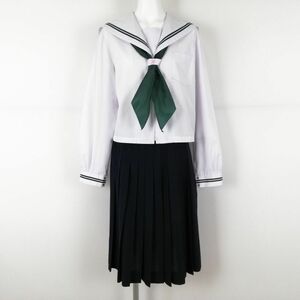 1円 セーラー服 スカート スカーフ 上下3点セット 大きいサイズ カンコー 中間服 緑2本線 女子 学生服 中学 高校 白 中古 ランクC NA7659