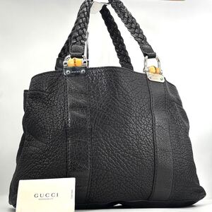 極美品●GUCCI グッチ バンブー メンズ ビジネス トートバック シボ革 A4肩掛け可 編み込み オールレザー ブラック 黒 大容量 ゴルフ